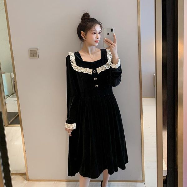 

maternity dresses autumn pregnant woman dress black elegant velvet sweet lace patchwork square collar pregnancy formal loose, White