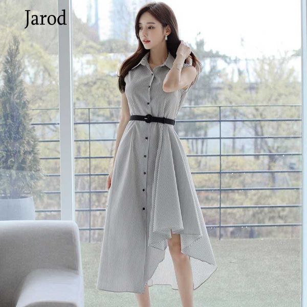 

summer korea striped dresses sleeveless belt single breasted irregular mid-calf casual women's clothes 210526, Black;gray