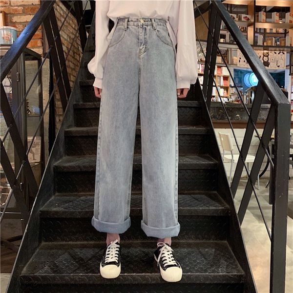 

women's jeans woman high waist clothes wide leg denim clothing blue streetwear vintage quality fashion harajuku straight pants d52