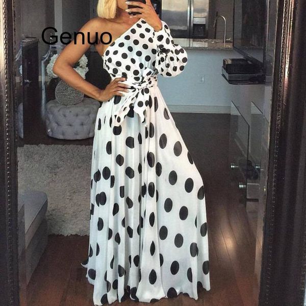

casual dresses women polka dot printed dress summer one shoulder long sleeve maxi elegant party club sashes vestidos, Black;gray