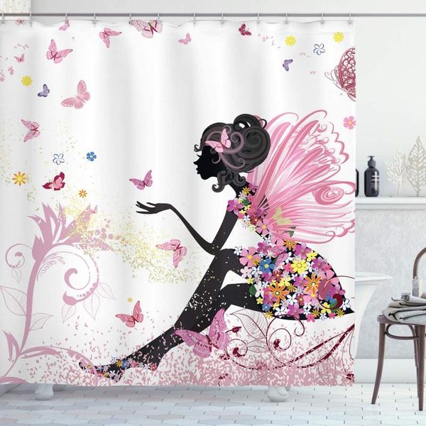 

shower curtains fashion curtain, fairy tale girl with wings in flowers, flying butterfly dream garden, cloth fabric bathroom decoratio