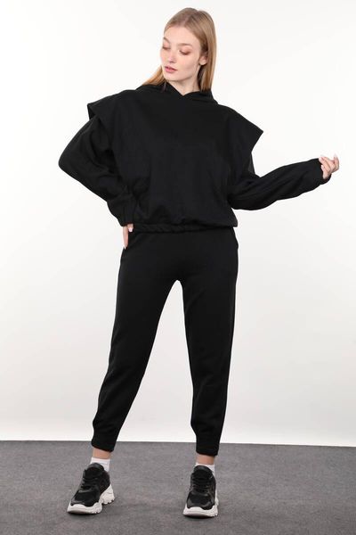 

women's two piece pants black with shoulder pads hooded women tracksuit set, White