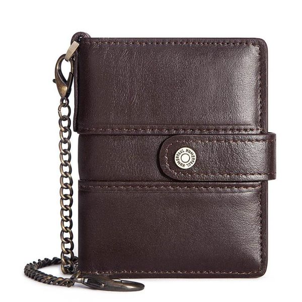 

card holders men cowhide genuine leather short hasp chain box holder male leisure coin purse wallets for cards, Brown;gray
