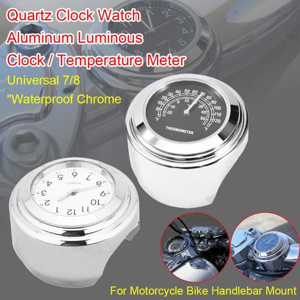 

handlebars universal 7/8 "waterproof chrome motorcycle bicycle handlebar mounted quartz clock aluminum luminous + thermometer