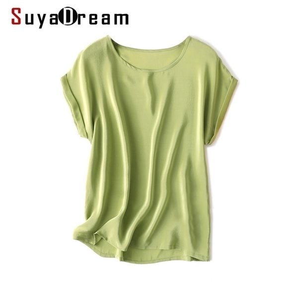

suyadream summer silk shirt 100%real silk bat sleeved solid candy colors o neck t shirt summer 210729, White