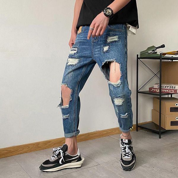 

men's pants two styles of casual split jeans with holes and slim grab high-quality personalized, Black