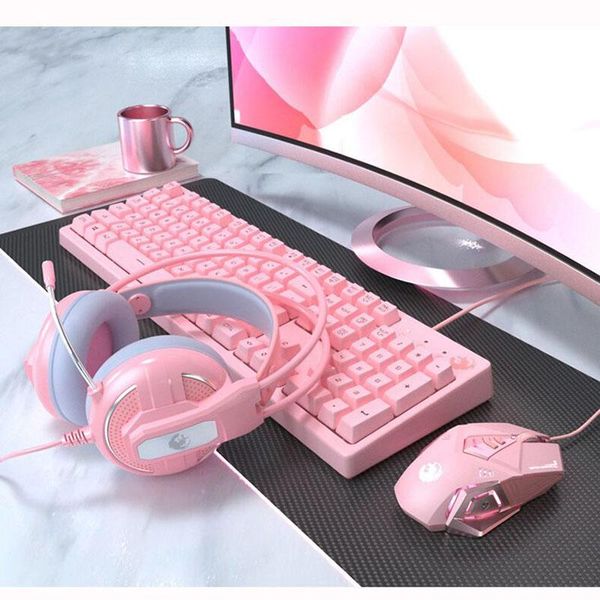 

keyboard mouse combos pink headset 104 keys led backlit gaming 4800dpi wired mice earphone with microphons for desktop