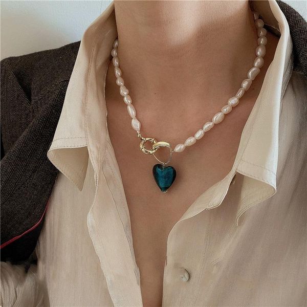 

pendant necklaces blue green color glass heart chokers necklace retro baroque irregular natural pearl for women wedding jewelry, Silver