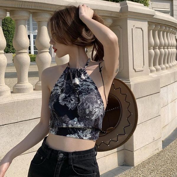 

women's tanks & camis 2021 female harajuku retro print halter bandage short slim navel camisole off-shoulder sleeveless korean style ta, White