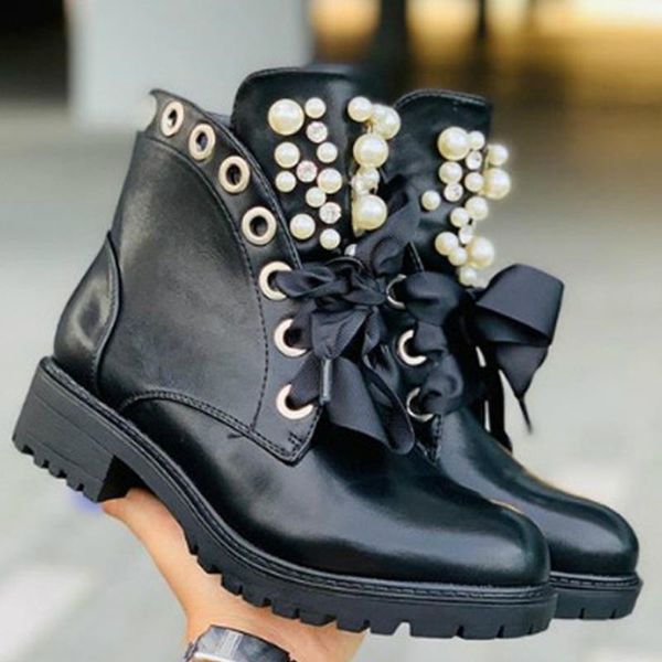 

boots punk trend designer women motorcycles pearl lace pu leather platform thick heel biker fashion shoes ladies female whosale, Black