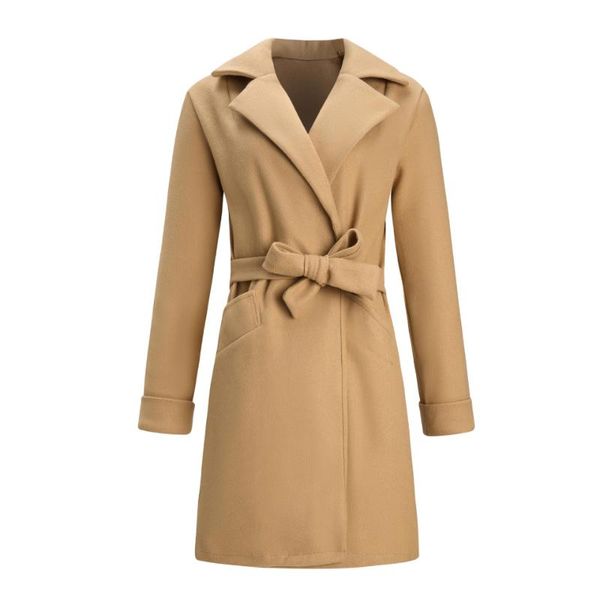 

women's wool & blends autumn winter women elegant long coat female belt solid color sleeve outerwear lady turn-down mid-length overcoat, Black