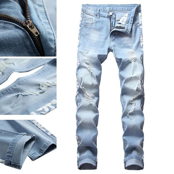 

men's jeans loose summer straight slim mid-rise casual pants, Blue
