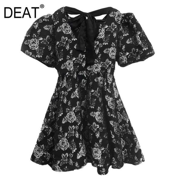

[deat] summer fashion high waist puff sleeve draw string printing a-line temperament elegant dress women 13d053 210527, Black;gray