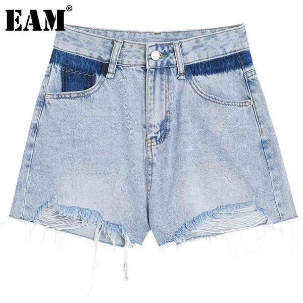 

[eam] women blue contrast color hole burr denim shorts high waist loose fit trousers fashion spring summer 1dd8498 210512, White;black