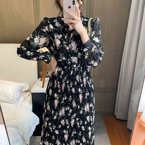

women's long sleeve floral chiffon dress with lining spring autumn bow single breasted pleated bottoming dresses female vestidos 210423, Black;gray