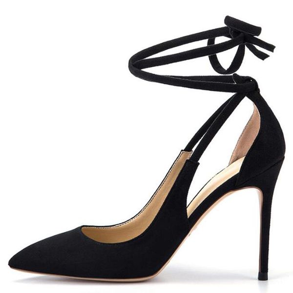 

dress shoes suede pointed toe lace-up high heel thin heels pumps women cut out cover ties up wedding, Black