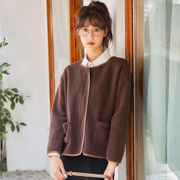 

women's jackets spring autumn woman coat fleece harajuku long sleeve female o-neck retro coats, Black;brown