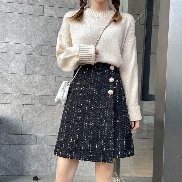 

skirts plus size skirt, autumn and winter, high waist, thin woolen short irregular a-line skirt, Black