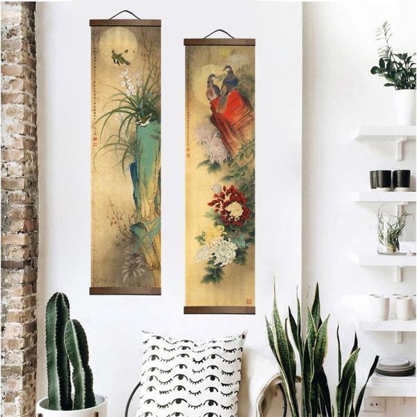 

frames chinese style flower green plants canvas decorative painting store bedroom living room wall art solid wood scroll paintings