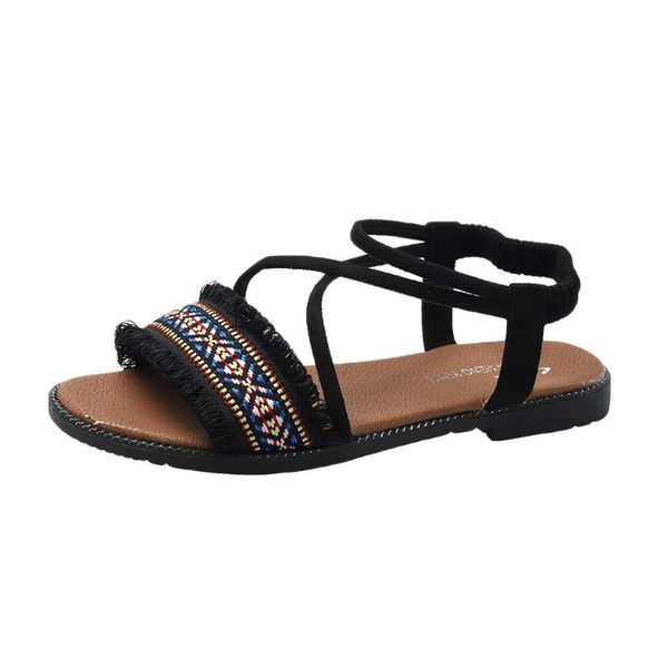 

women's fashion sandals casual flat with roman style national wind toe beach shoes elastic band listing, Black