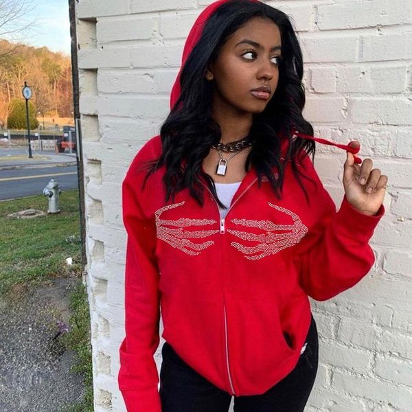 

women's hoodies & sweatshirts retro rhinestone print y2k loose hoodie street style zip front pocket jacket fall e-girl casual long slee, Black