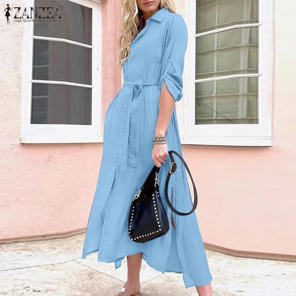 

casual dresses 2021 zanzea elegant women spring lapel neck long sleeve vestido fashion solid office shirt dress belted sundress kaftan 7, Black;gray