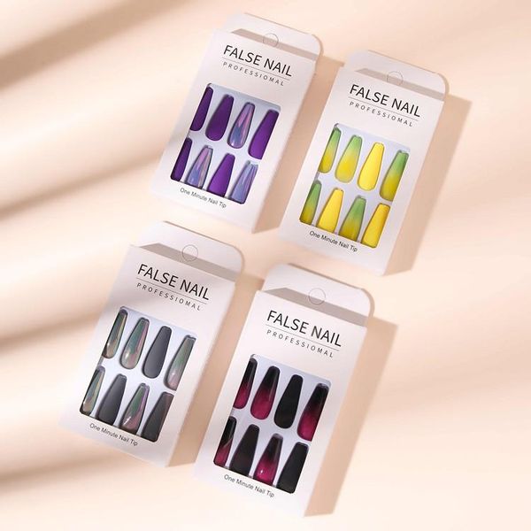 

false nails press on long nail fake accessories with gradient matte designs art equipment glue coffin stick tips clear display, Red;gold