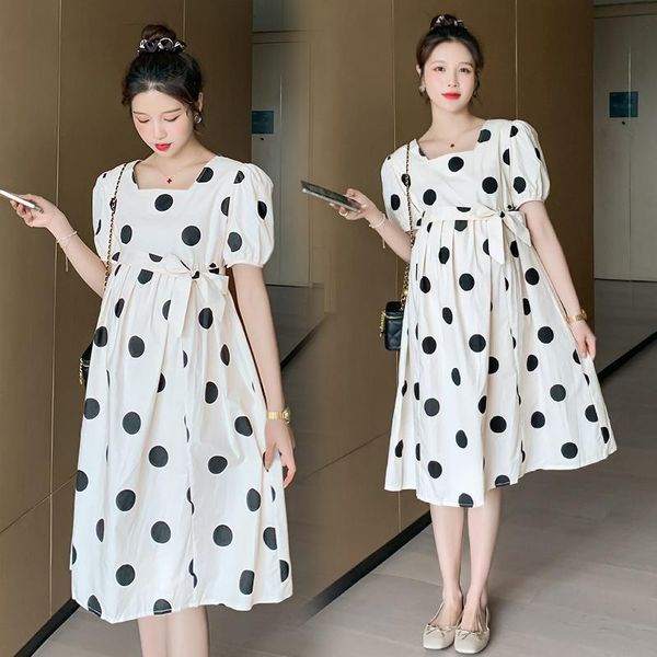 

maternity dresses 9837# summer fashion dot printed cotton dress ties sim high waist a line loose clothes for pregnant women pregnancy, White