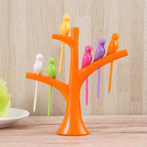 

bird shaped fruit forks and 1pc tree holder toothpick tool for party home decor (orange)