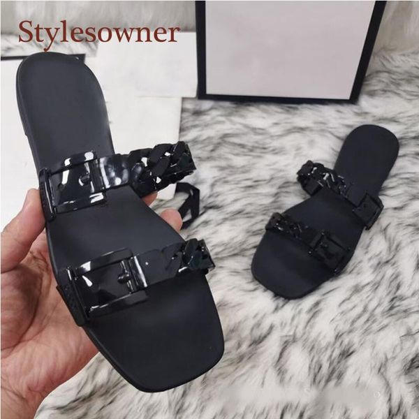 

summer casual candy color chain sandals and slippers square head beach non-slip women, Black