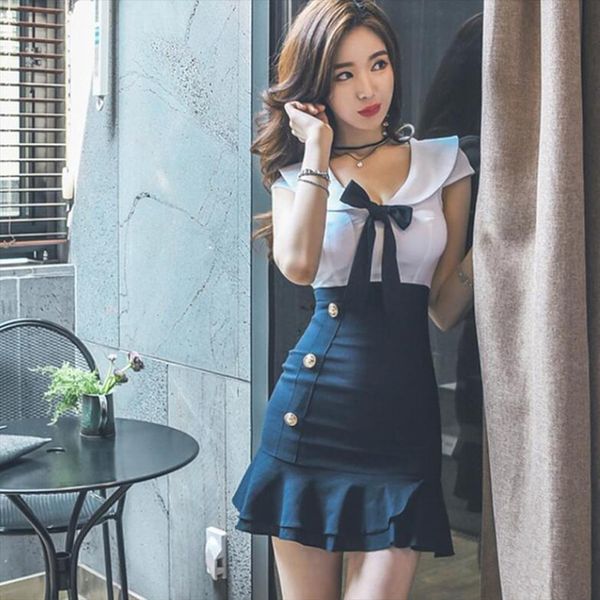 

vestidos hiping south korean academy womens dresses of wind nightclubs uniform navy color lapel bowknot flounce dress., Black;gray
