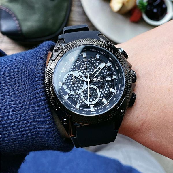 

wristwatches megir original big dial army quartz watches men chronograph clock waterproof sport wristwatch relogio masculin, Slivery;brown