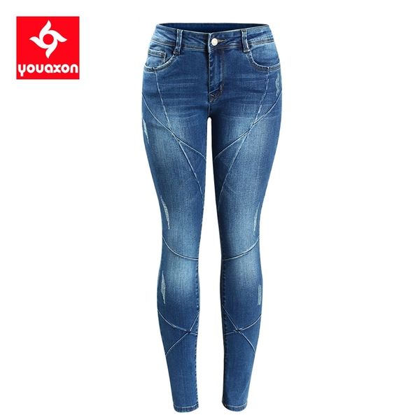 

2086 youaxon women`s crossing line patchwork plus size brand mid low waist stretch skinny pants jeans for women denim jean 210915, Blue