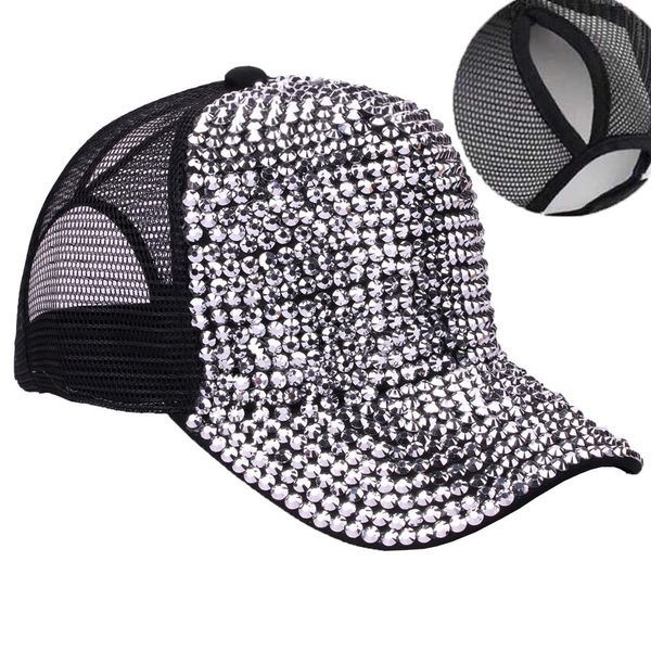 

ponytail women snapback mesh trucker caps female bling summer bone black adjustable hip hop hats, Blue;gray