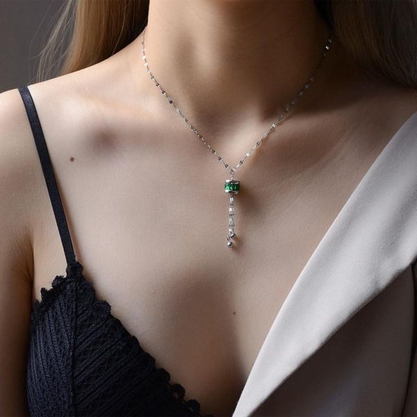 

elegant green crystal cylinder pendant necklace for women jewelry, simple gold plated stainless steel tassel necklaces female, Silver