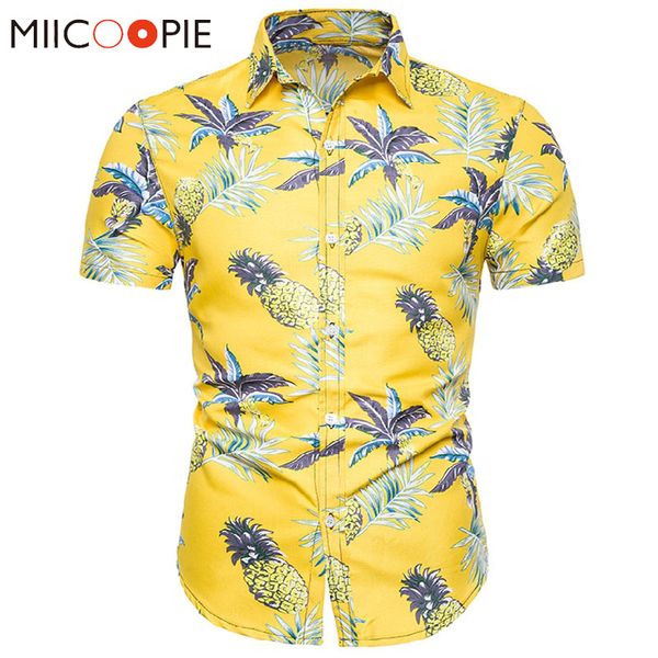 

mens shirts 2019 summer streetwear casual pineapple printed hawaiian shirt men chemise homme court yellow floral shirts, White;black