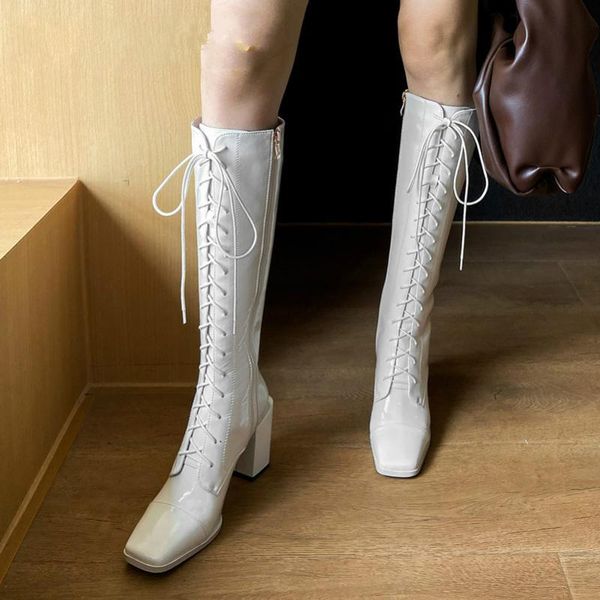 

boots long women shoes real leather high heel lady square toe block heels zip lace up fashion knee-high 42, Black