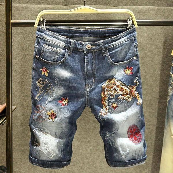 

men's jeans trend blue holes for man stretch straight summer classic design casual original hip hop shorts size 38