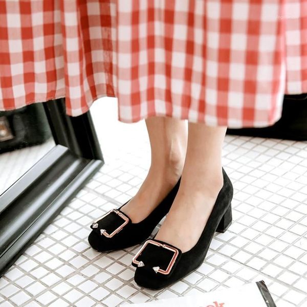 

dress shoes big size 9  11 12 ladies high heels women woman pumps round-headed metal buckled heavy-heeled single1, Black