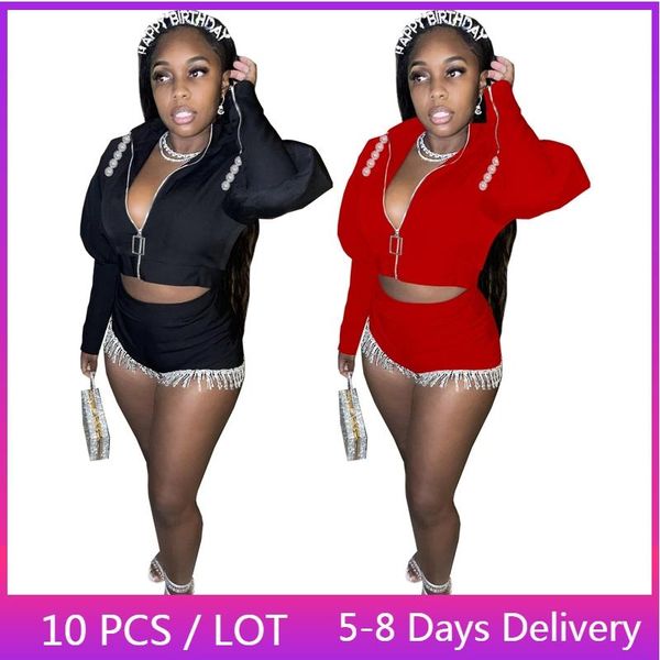 

women's tracksuits wholesale items club two piece sets womens outfits autumn crystal birthday long sleeve cropped coat tassels shorts s, Gray