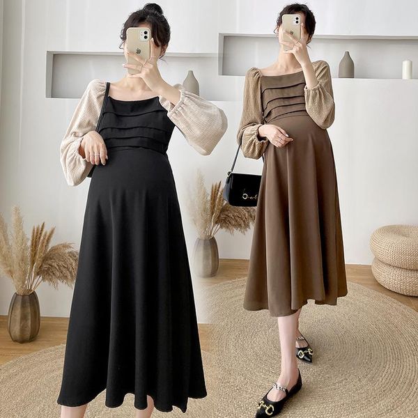 

maternity dresses skirt autumn and winter fashion french style stitching dress, White