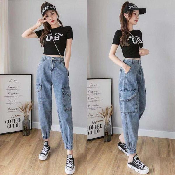 

women's jeans woman pants overalls loose 2021 large pocket elastic ankle-tied trousers pantalones vaqueros mujer, Blue