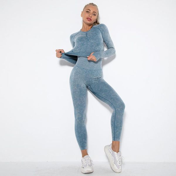 

women's two piece pants asheywr water wash seamless sets women knit high elastic booty lifting fitness set female long sleeve two-, White