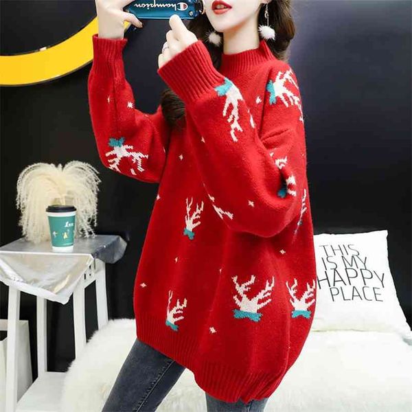 

winter christmas red sweater women loose wear lazy wind net ins super fire wild 210427, White;black