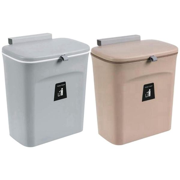 

waste bins 2 pcs kitchen compost bin for counter or under sink, hanging small trash can with lid, grey & coffee color