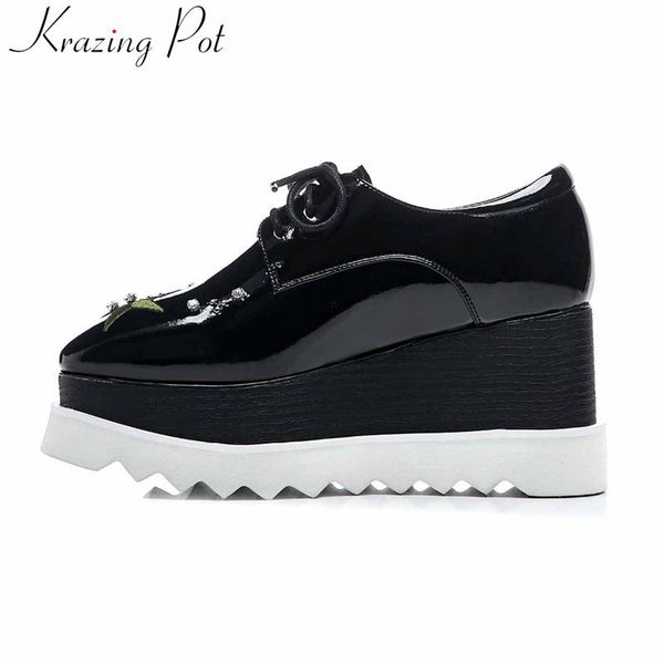 

dress shoes krazing pot genuine leather square toe women pumps crystal embroidery brand elegant luxury lace up spring oriental l50, Black