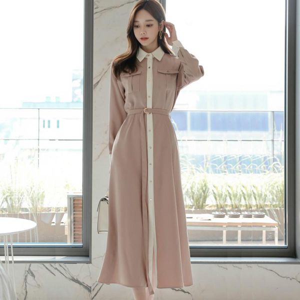 

autumn turn-down collar single breasted long sleeve pink vestidos loose swing shirt mid-calf office women dress casual dresses, Black;gray