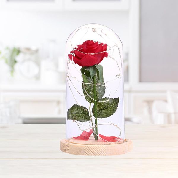 

strings red silk rose with usb led copper wire string light preserved in glass dome on wooden base for valentine(brown)