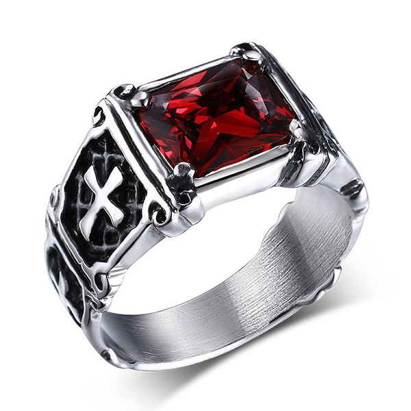 Cross Ruby Red Black Zircon Diamantes Gemstones Anéis para Homens Punk Gótico Aço Inoxidável Jóias Cool Fashion Acessórios Presente