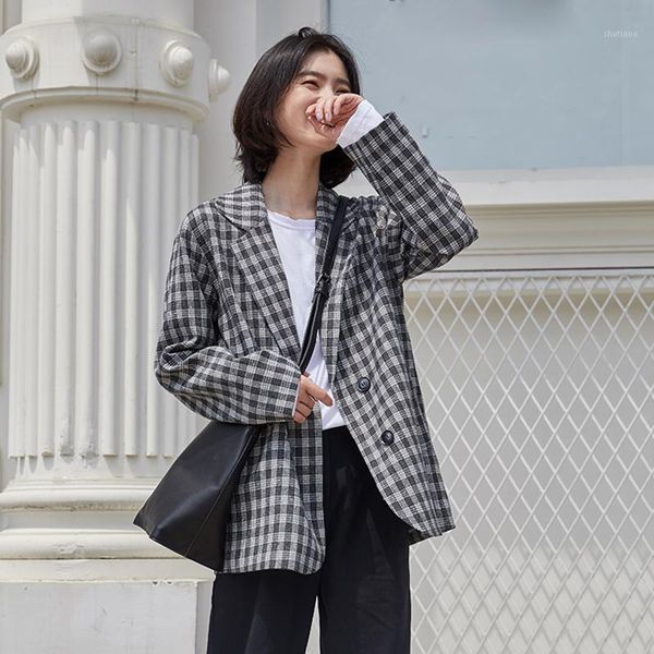 

women's wool & blends spring autumn 2021 women vintage woolen loose coat female single breasted turn-down collar plaid gothic coats out, Black
